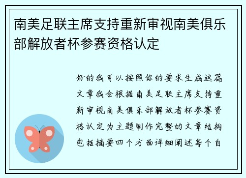 南美足联主席支持重新审视南美俱乐部解放者杯参赛资格认定 南美足联主席支持重新审视南美俱乐部解放者杯参赛资格认定